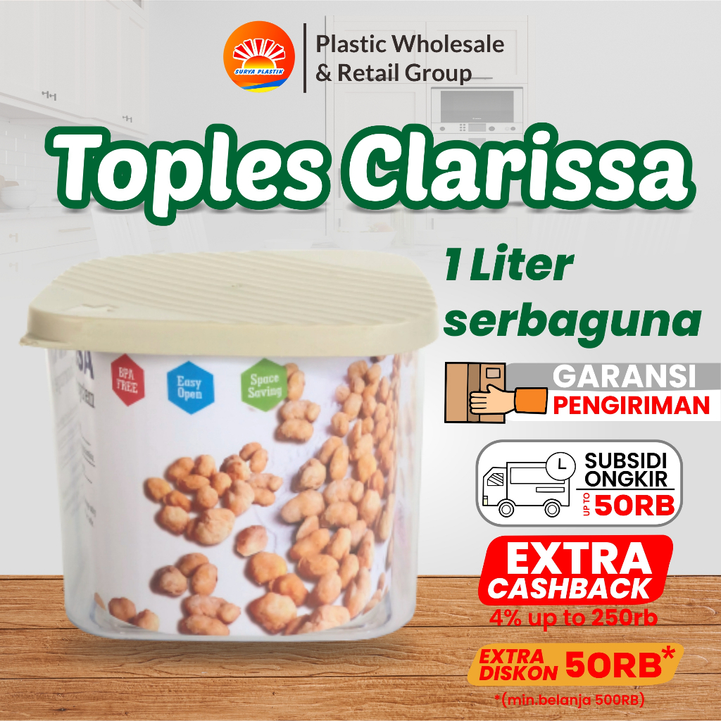 Toples Kue  Kerupuk Lebaran Plastik /Toples Serbaguna/Toples Clarissa / Frenjoy 1 Liter