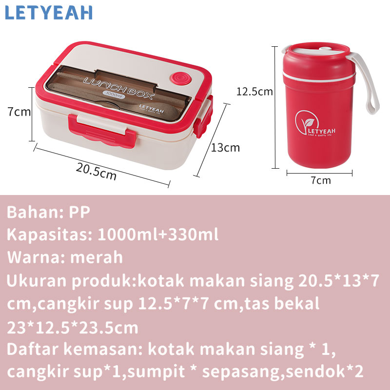 letyeah Lunch box set/1000ml wadah bekal bento bontot makan/tas bekal/mangkuk sup portabel/BPA free