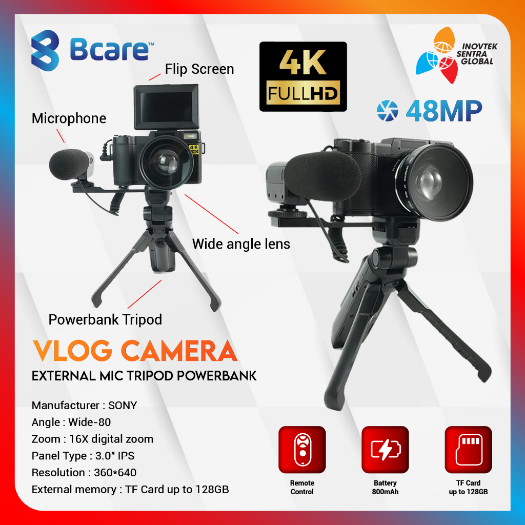 Bcare Vlog Camera 48MP 4K With External Mic Tripod Powerbank