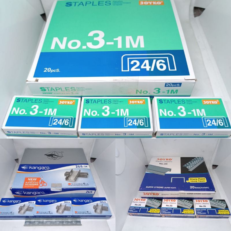 ISI STAPLES BESI BESAR NO 3 MEREK JOYKO DAN KANGURU 1 KOTAK ISI 1000 PCS STAPLES