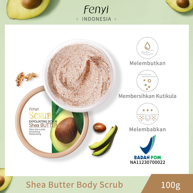 BPOM Fenyi Shea Butter Body Scrub Cream Pemutih Pelembab Menghaluskan Tubuh Membersihkan Mengeksfoliasi Mendalam 100g