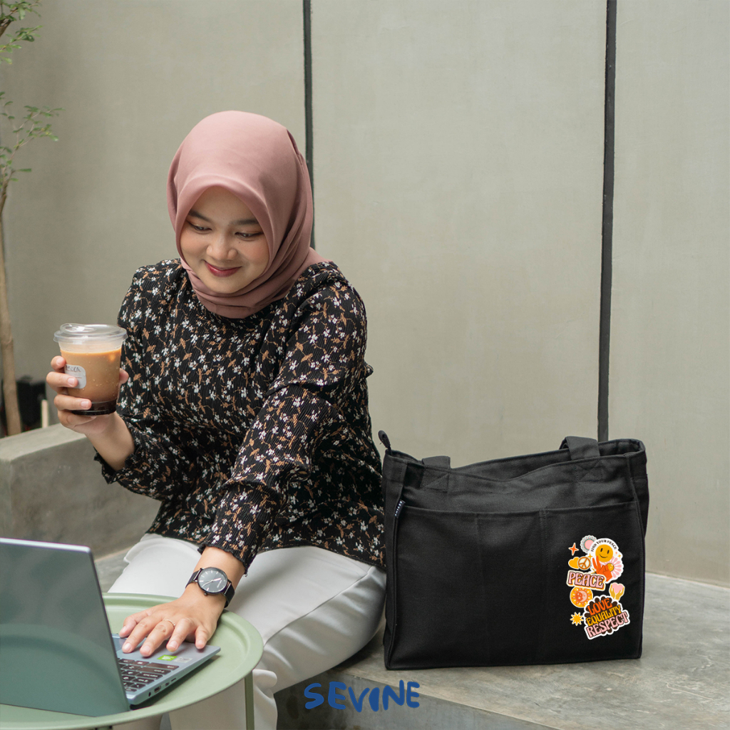 Sevine Totebag Kanvas Rebecca Tas Wanita Tote Bag Kuliah Sekolah Sekat Laptop Hitam Tebal Elegan Aesthetic - PF