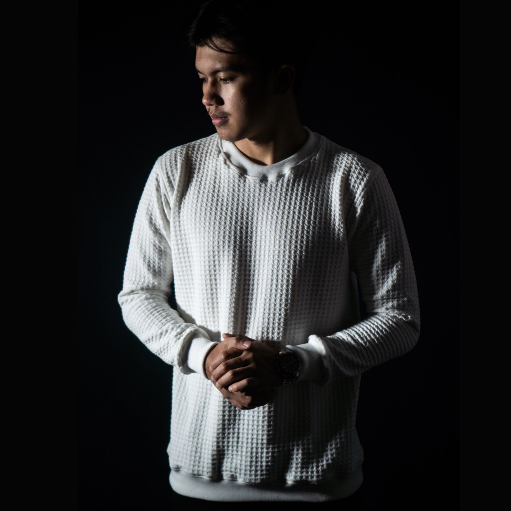 Crewneck White Texture Cloudy Croffle Sweatshirt Men Knittwear Waffle Rajut Pria Polos Putih Comfy K