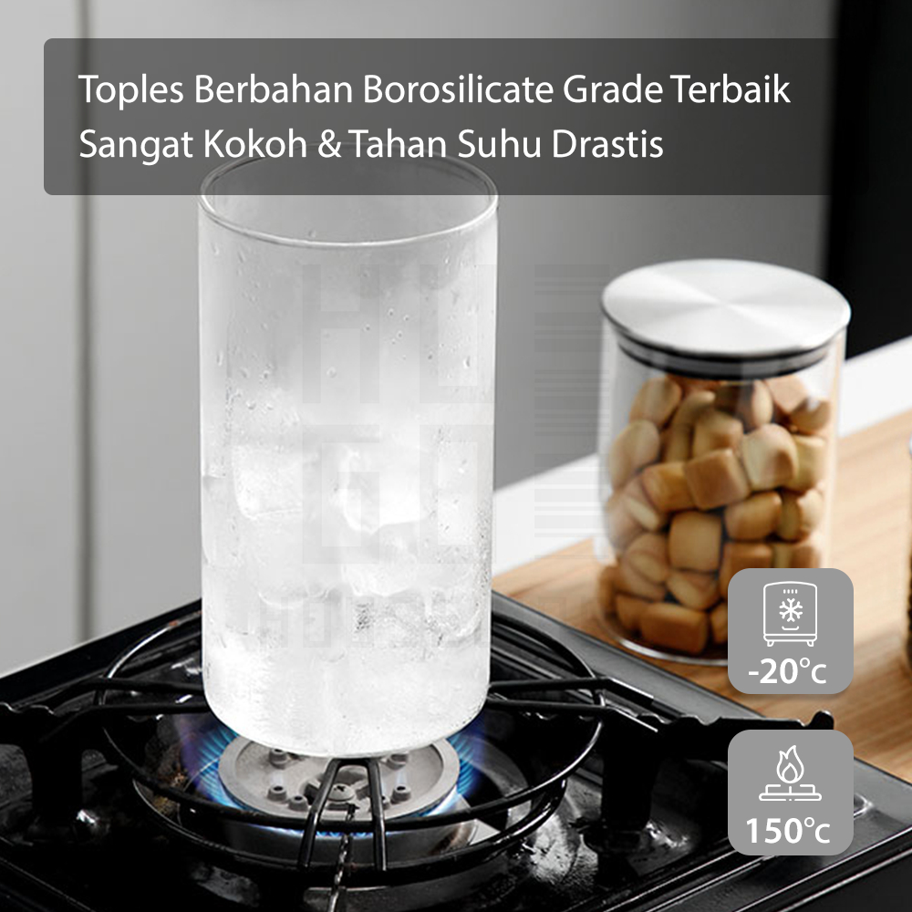 HUGO Toples Kaca Borosilicate Set 4 Pcs Kedap Udara Tutup Stainless Steel Tahan Panas Premium Quality