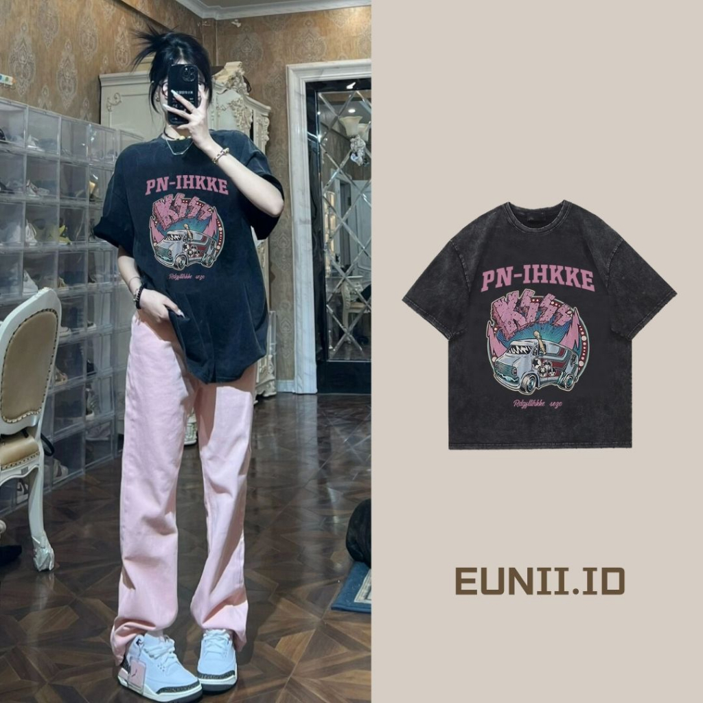 EUNII T-shirt Lengan Pendek Black Washed Vintage Pink Car Printing Korean Style/Kaos Atasan Wanita/Baju Wanita