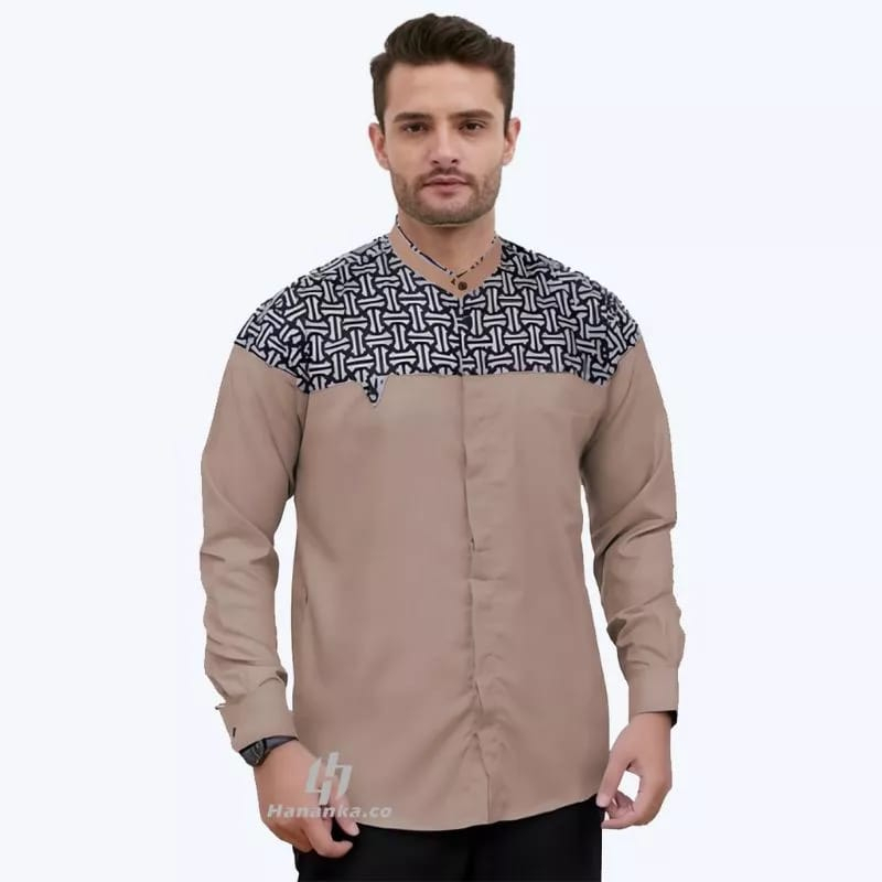 Baju Koko Kurta Dewasa Lengan Panjang Pria Muslim Motif Batik Kobata katun import