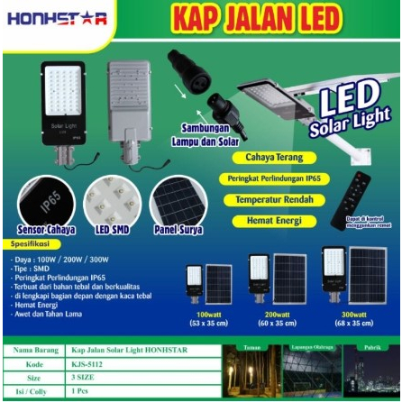 Honhstar LED Solar Light / KAP Jalan / lampu jalan tenaga surya LED KJS-5112 MURAH 100w / 200w / 300w FREE PACKING BUBBLE