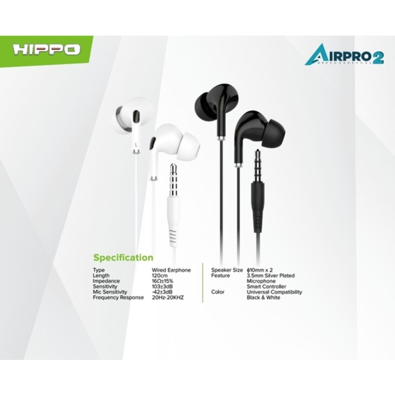 Hippo Earphone Airpro 2 Super Bass Jack 3.5mm Wired Handsfree Android Original Earbuds Headset
