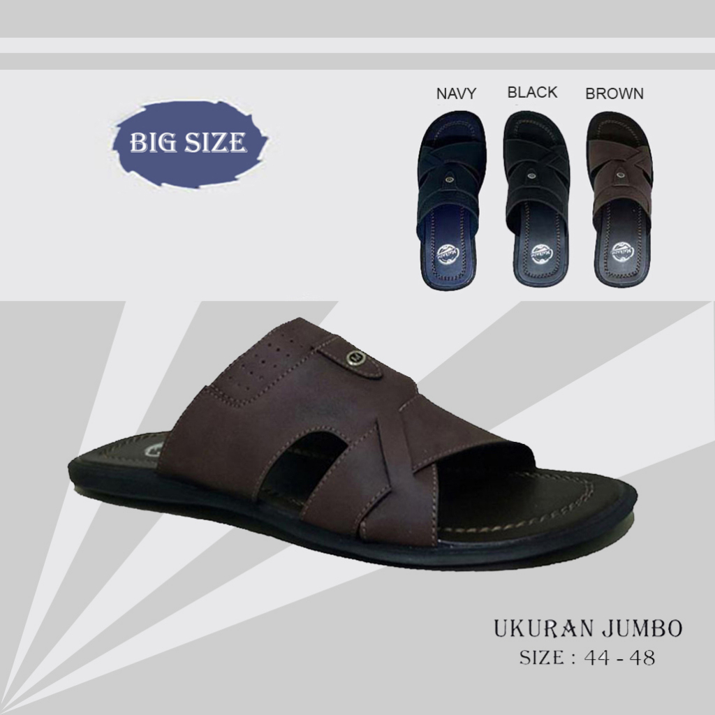 Sandal Kulit Pria Ukuran Besar Kaki Super Jumbo no 44 45 46 47 48 Sendal Selop Biru Navy Slide Blue