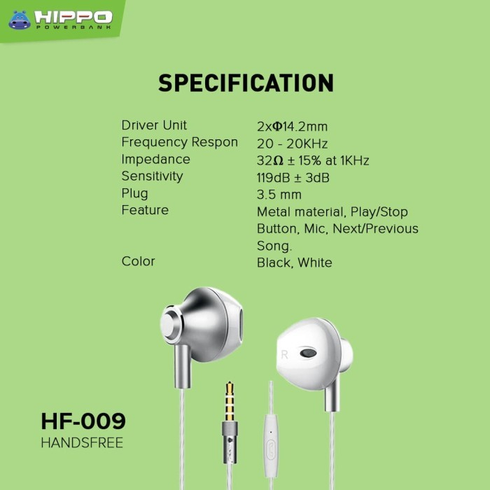 Hippo Earphone HF-009 Super Bass Jack 3.5 mm Wired Handsfree Android Original Earbuds Headset