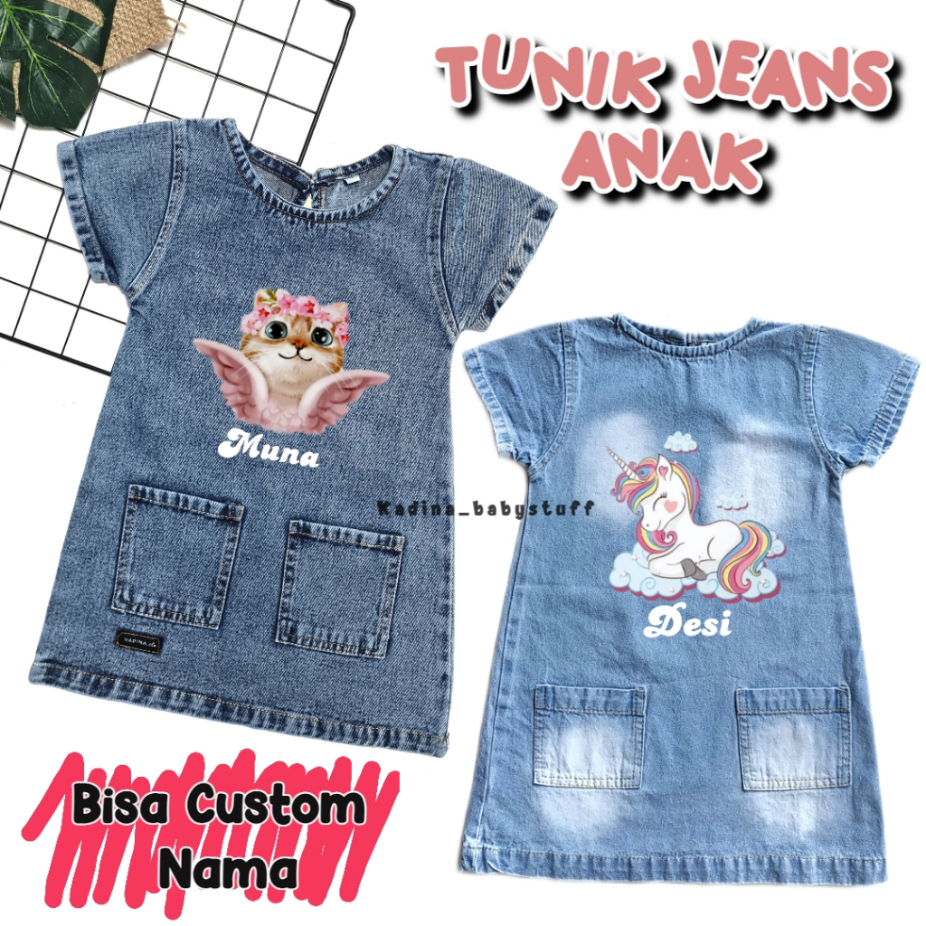 DRESS JEANS ANAK PEREMPUAN / TUNIK JEANS ANAK CUSTOM NAMA / TUNIK DRESS JEANS