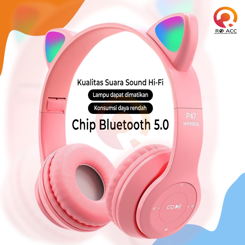 [RO ACC] BLUETOOTH HEADSET HEDSET EARPHONE GAMING CAT LAMPU WIRELESS P47M