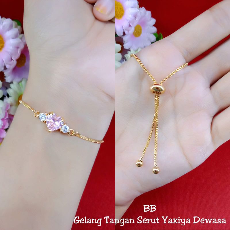 G41 gelang serut love zicron pink lapis emas 18k