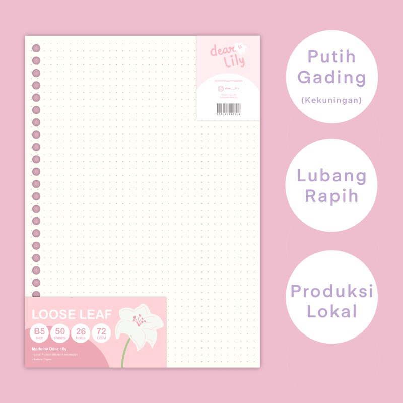 

B5 Loose Leaf (Isi 50 lembar) - Isi Kertas B5 Binder 26 Lubang Warna Putih Garding / Cream / Coksu Motis Garis / Polos / Grid / Kotak-Kotak / Titik-Titik / Dot - Natural Paper - Kertas Vintage