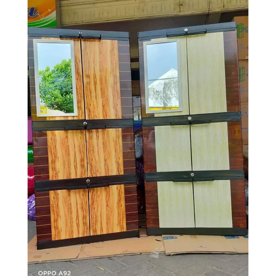 Lemari Plastik/ Lemari Susun 4 Kaca Kunci/ Lemari Pakaian Full Rak Aquose Diva Plus Kaca Motif Kayu 