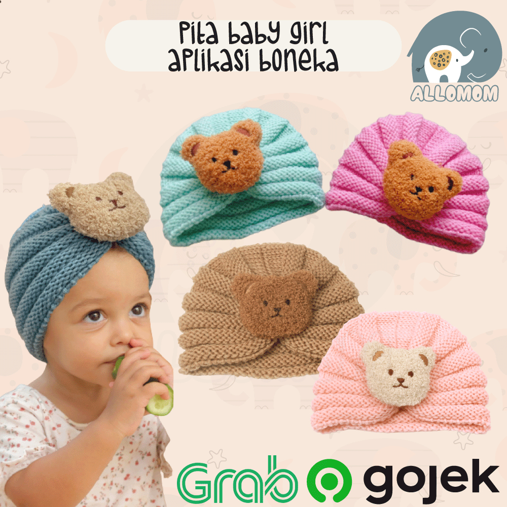 Topi Bayi Cewek / Turban Headband Bandana Baby Girl / Pita Anak Aplikasi Boneka