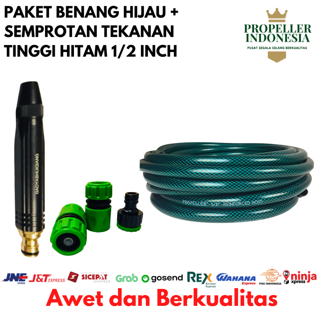 Selang Air Benang 1/2 Inch Hijau Paket Semprotan Air Lurus Hitam