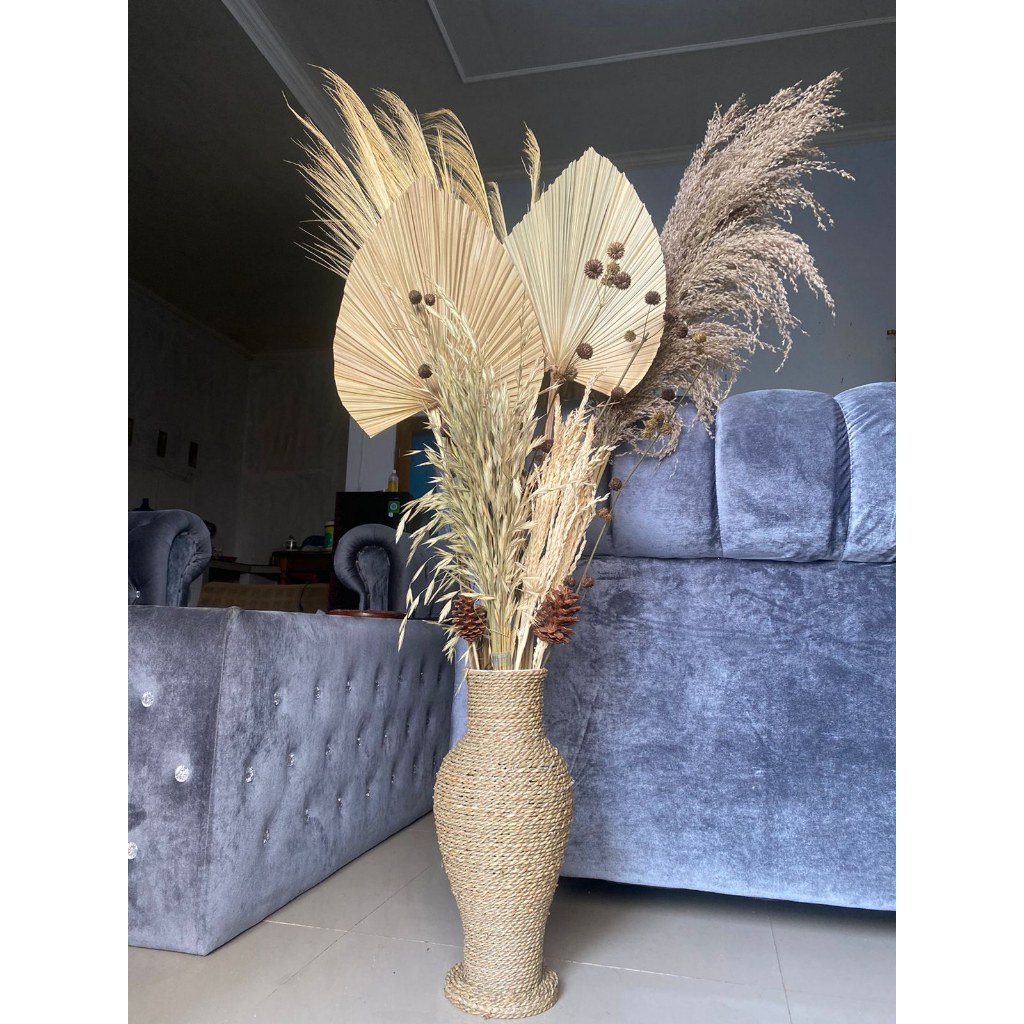 Paket Bunga Kering dan Pot Guci Tinggi 50cm/ Daun Palem Kering/ Paket Lengkap Bunga dan Pot/ Dekoras
