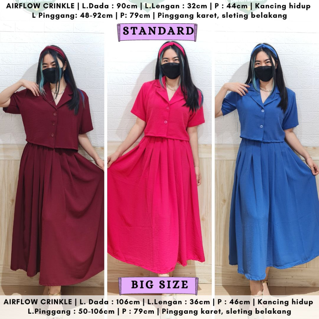 4569 madieca button collar crinkle airflow long skirt one set rok