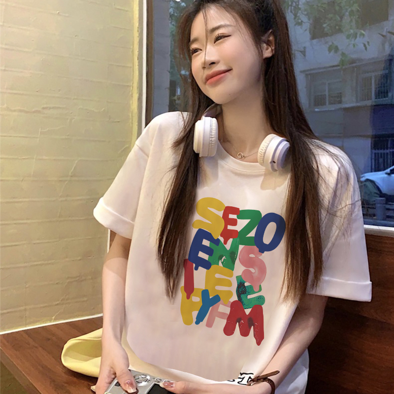 Print T-shirt Kaos Lengan Pendek Cartoon Jelly Candies English Baju Wanita Oversize Korean Style