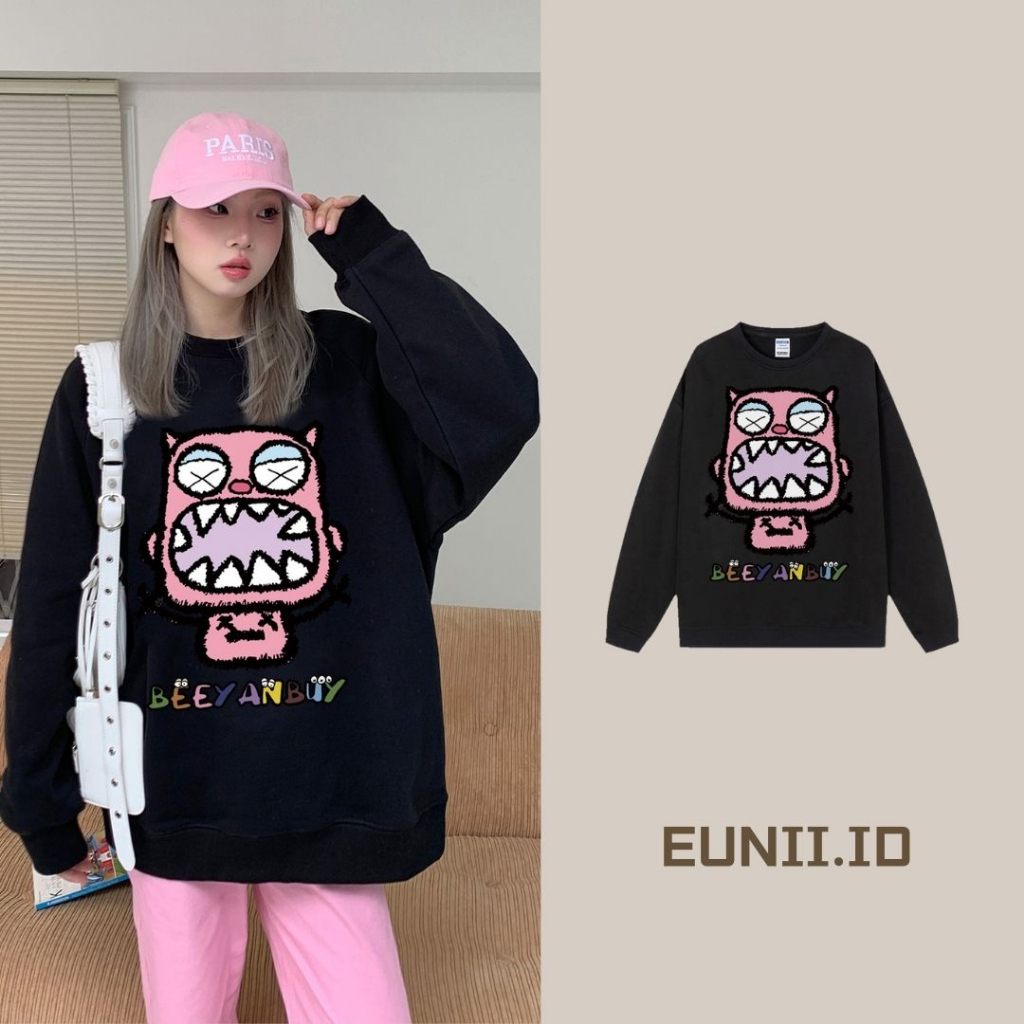 EUNII Sweater Lengan Panjang Cartoon Pink Monster Korean Style/Sweater Crop/Baju Wanita/Switer Wanita/Switer