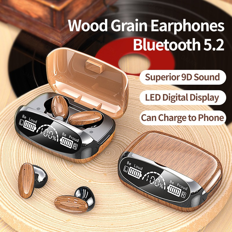 VICLOOK COD Kayu Butir M35 TWS Bluetooth Earphone LED Display 9D Suara Stereo Musik Headphone Nirkabel Earbud Kontrol Sentuh Sport Earphone dengan Mic