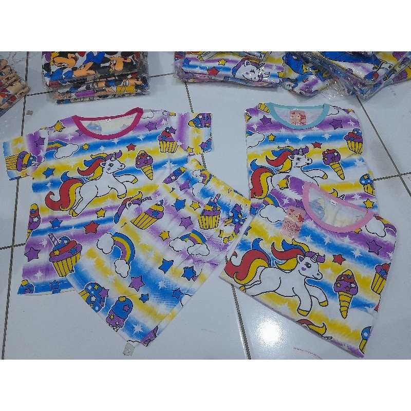 STELAN PIYAMA HOTPANT/PP ANAK UNICORN CAKE RAINBOW/ Bahan katun adem