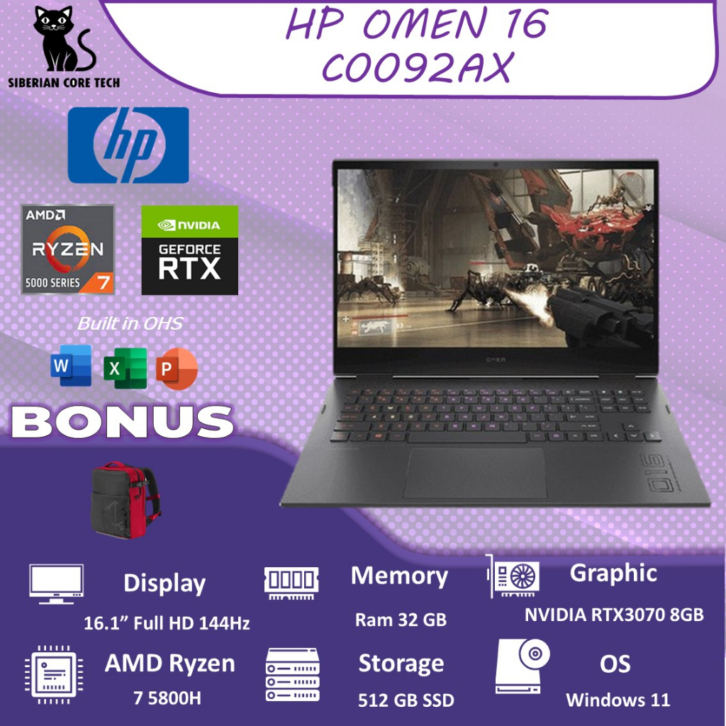 LAPTOP GAMING HP OMEN 16 C0092AX | RYZEN 7 5800H | RTX3070 8GB | 32GB | 512SSSD | W11+OHS 16.1&quot;FHD 144Hz BLIT