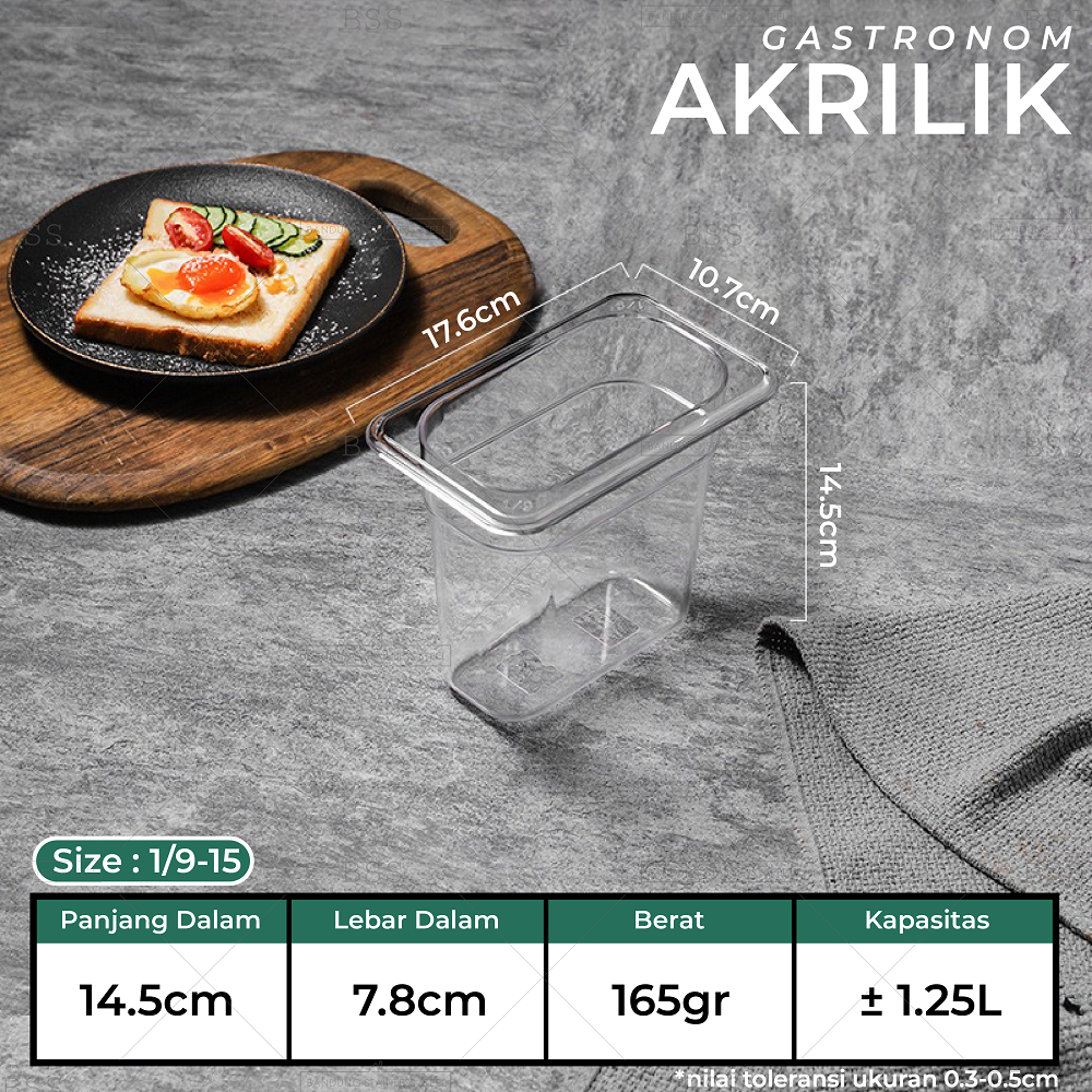 Gastronom Akrilik Food Pan 1/9/15 Kedalaman 15cm Wadah Penyimpanan Sayur Buah Daging Makanan Tempat Saji Prasmanan Multifungsi