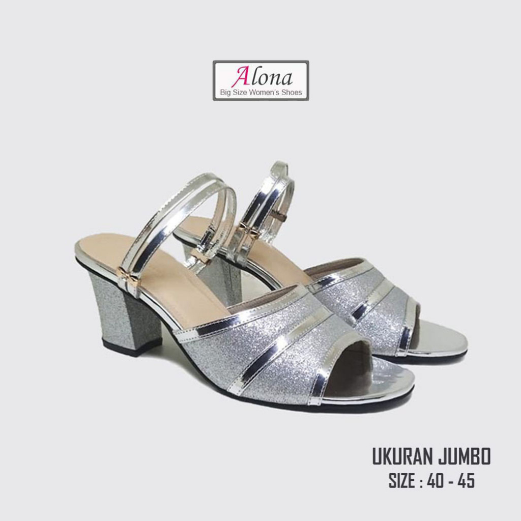 Sendal Heels Wanita (Ukuran Besar Jumbo) Sandal Pesta Mewah Cantik Hak 7 cm Silver