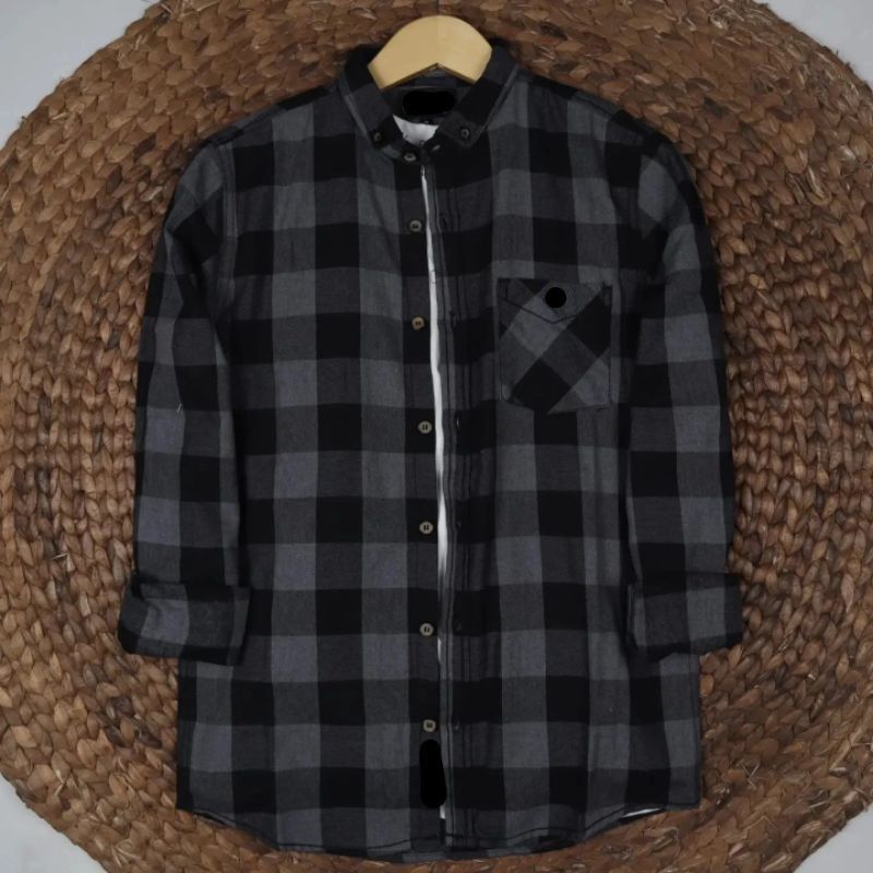 kemeja flanel kotak pria salur hitam abu catur hitam abu keren terbaru 2022