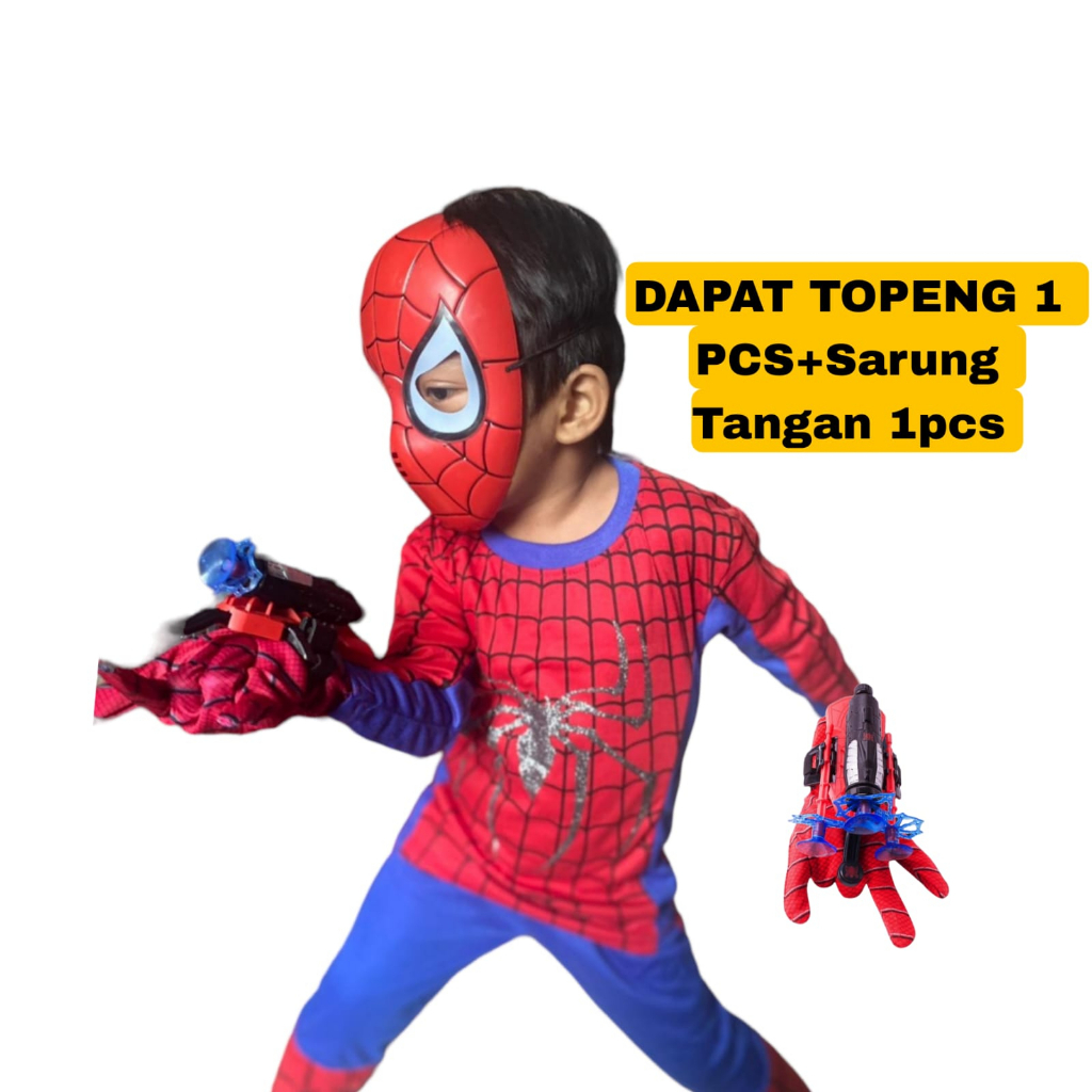 Baju kostum setelan spiderman free topeng dan sarung tangan untuk anak 2-10 tahun