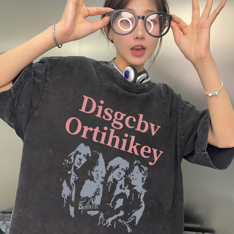 Print Washed T-shirt Kaos Lengan Pendek Oversize Retro Characters Women Korean Style Atasan Wanita