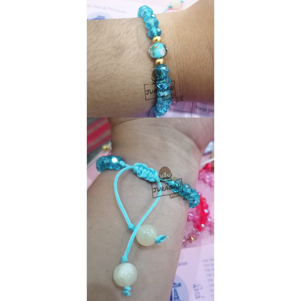 Gelang Tali Cristal Murano 2 Liontin Emas Asli kadar 10 karat 10k