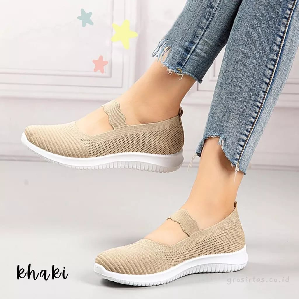 GROSIRTAS LV0143 &quot;FREE BOX&quot; Sepatu Slip On Kanvas Wanita Sepatu Fashion Rajut Wanita Import