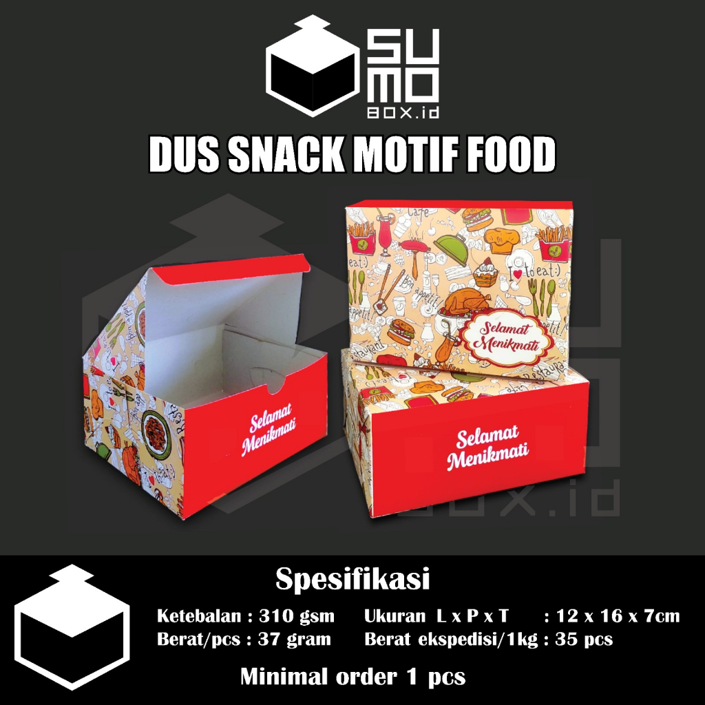 

Dus Snack Sumobox Tebal Motif Makanan 12x14 12x16 / Box GS Kue Roti Risoles 310gsm [ECERAN]