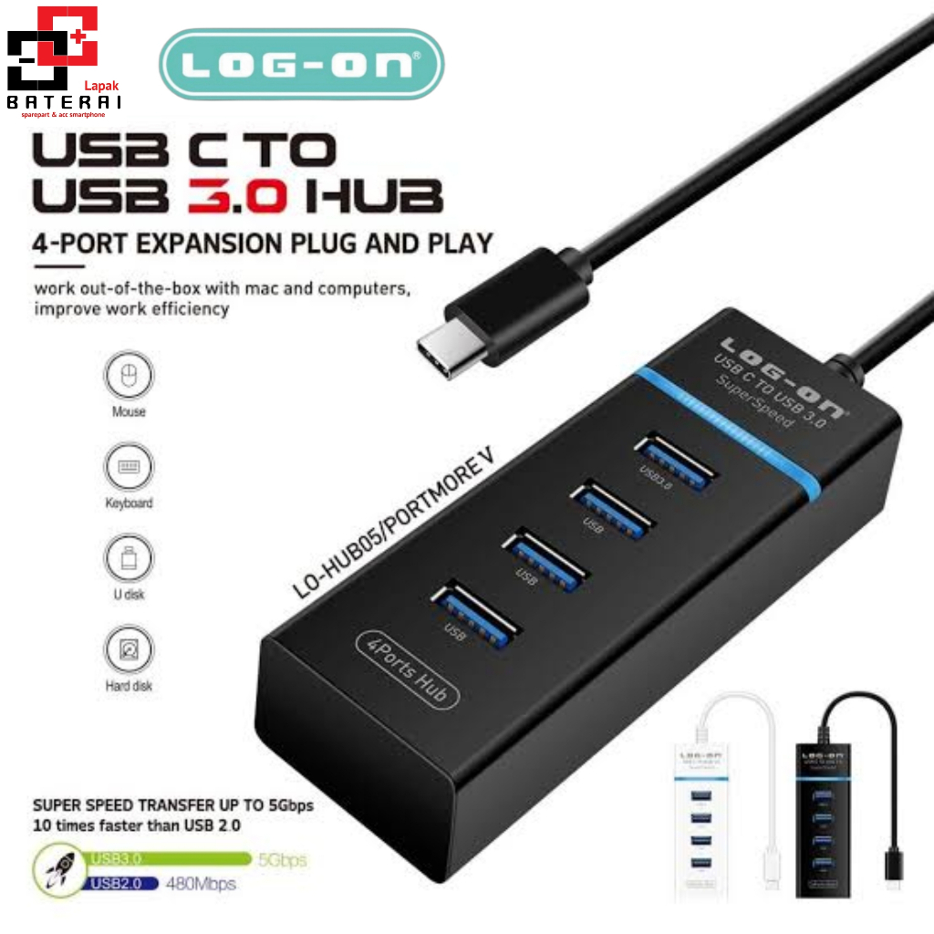 Log - on Hub05 Usb Hub Type C To Usb 3.0 4 Port High Speed Transfer Up to 5Gbps