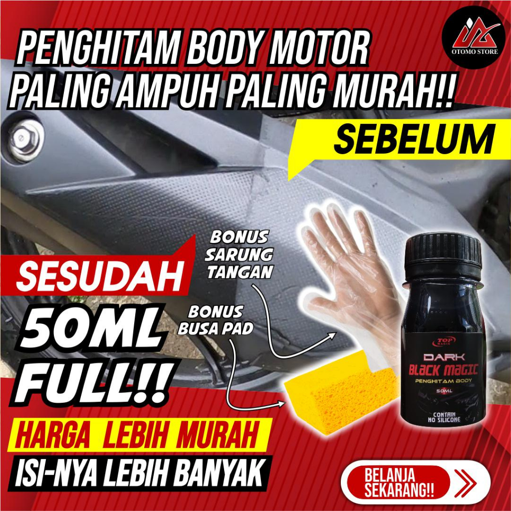 Penghitam Body Motor Permanen Penghitam Body Kasar Black Magic Penghitam bodi Motor Dashboard mobil Penghitam Motor Pemanen Body Mobil Top Dark Black Magic Penghitam Bodi Motor Kasar Pemanen 50ml Bonus Busa Dan Sarung Tangan IA Otomo Store
