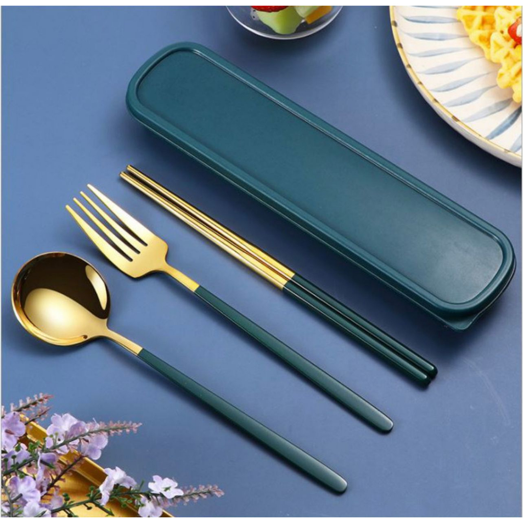 SENDOK MAKAN SET KOREA 4 IN 1 || SET MAKAN STAINLESS STEEL GOLD SILVER BENTUK BULAT - BD