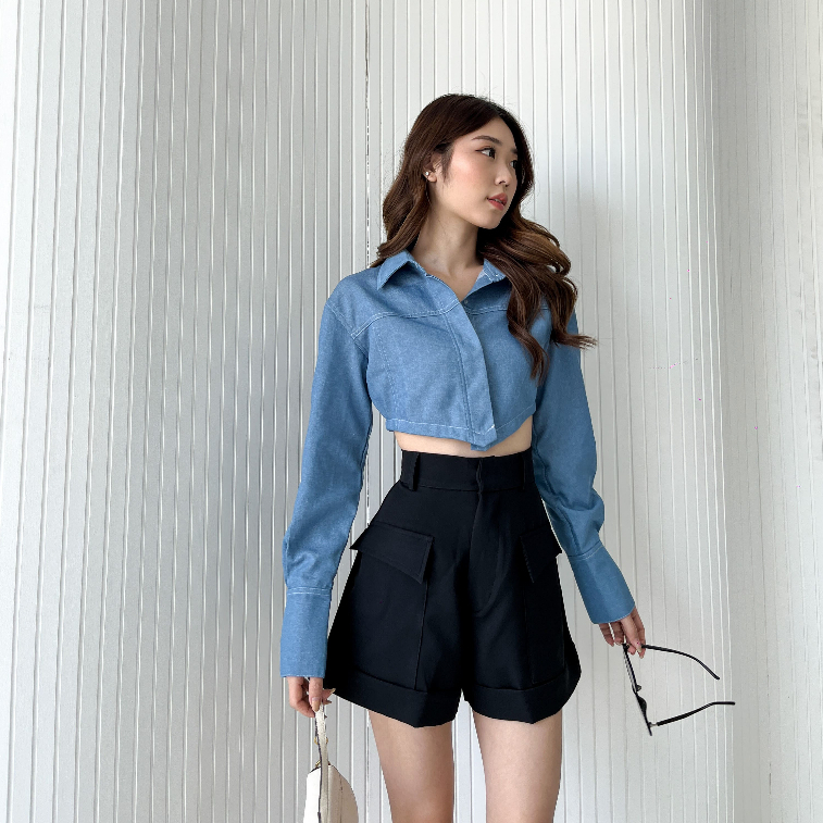 Vivien Denim Longsleeve Top / Kemeja Denim / Crop Top Casual / Blouse Korean