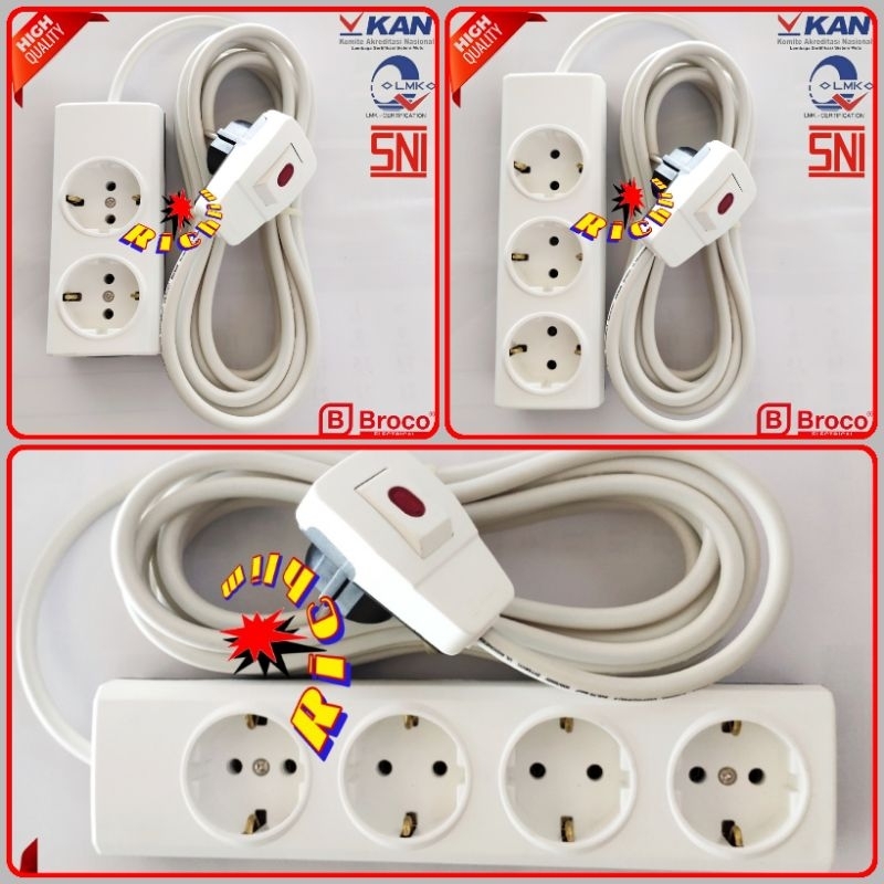 Stop Kontak Broco 2,3 dan 4 Lubang+Steker Switch Broco+Kabel 1 sampai 10 meter/Stopkontak Siap Pakai