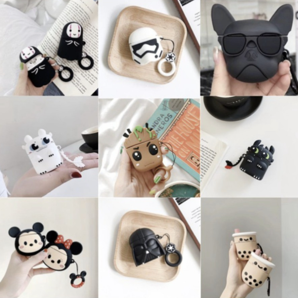 Case Airpods 2 3D Premium Gen 1 Lucu Karakter Inpods 12 Polos Hitam i12 Boba Minnie Toothless