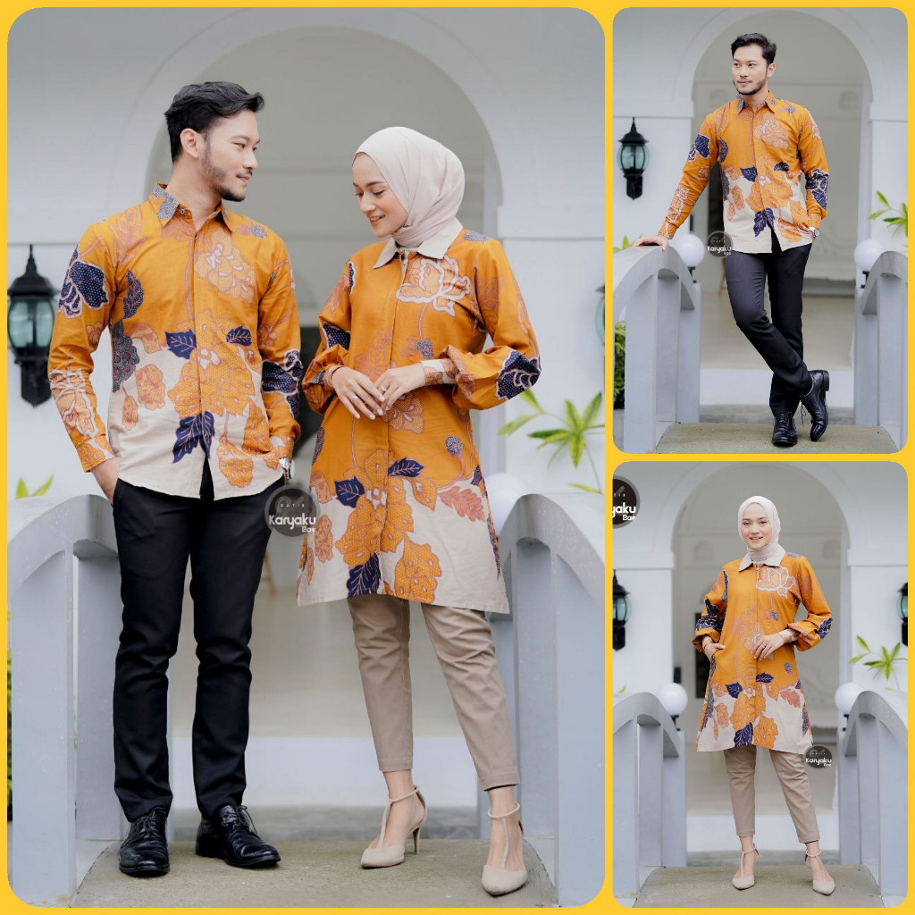 BATIK COUPLE MODERN MOTIF MAWAR MUSTARD KEMEJA &amp; TUNIK BATIK ATASAN BATIK WANITA BATIK PRIA