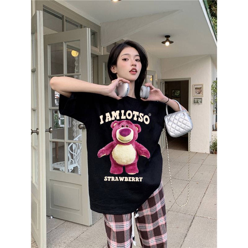 Kaos couple American Vintage Strawberry Bear Pattern printing Overszie T-shirt baju kaos wanita/Kaos Lotso Toy story Washed | Baju ToyStory Oversized