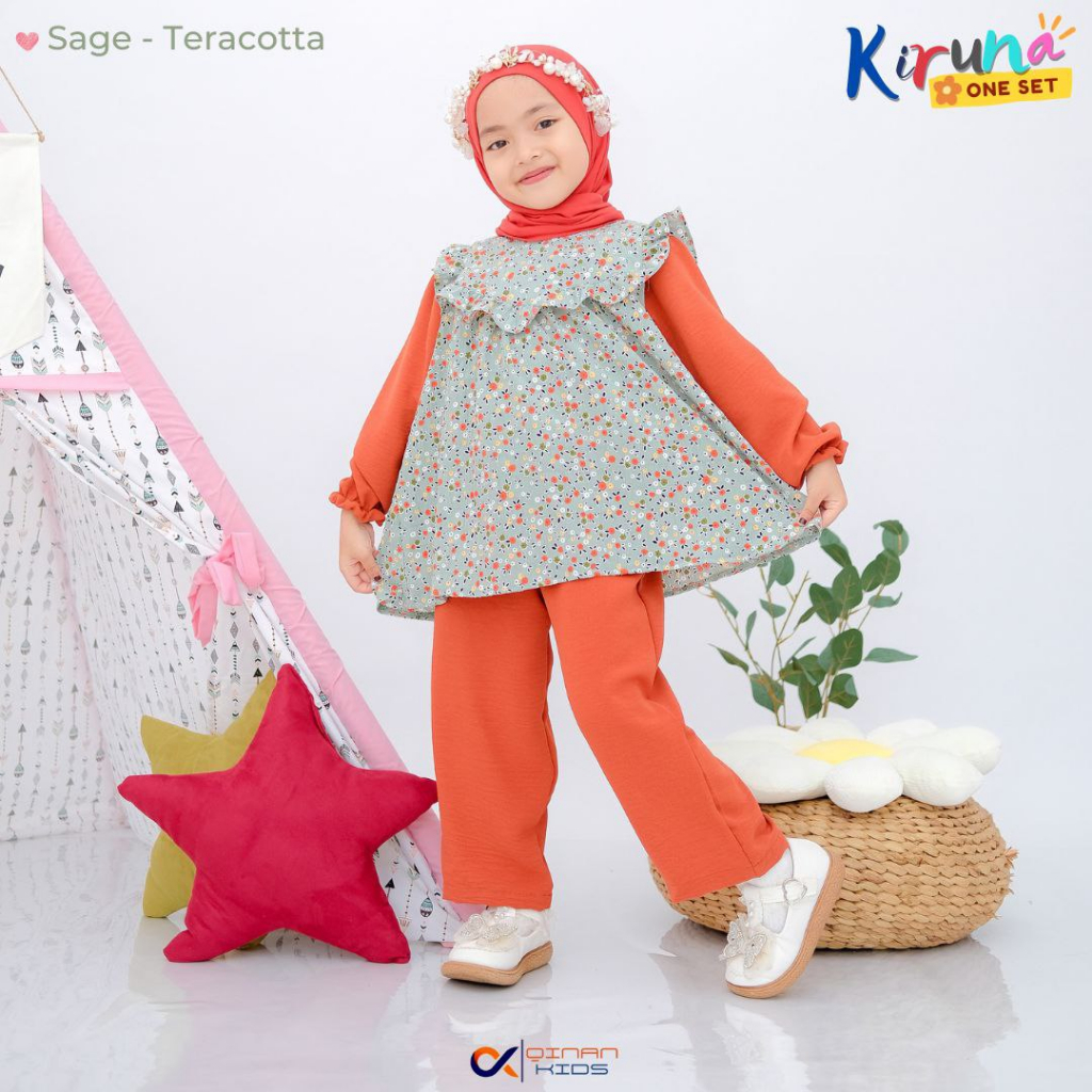 Afsheenastore - Kiruna Oneset Setelan Celana Anak Perempuan Motif Crinkle
