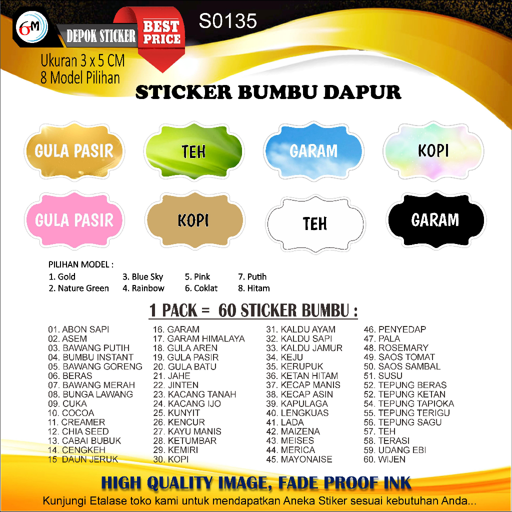 STIKER BUMBU DAPUR LENGKAP (isi 60 pcs)