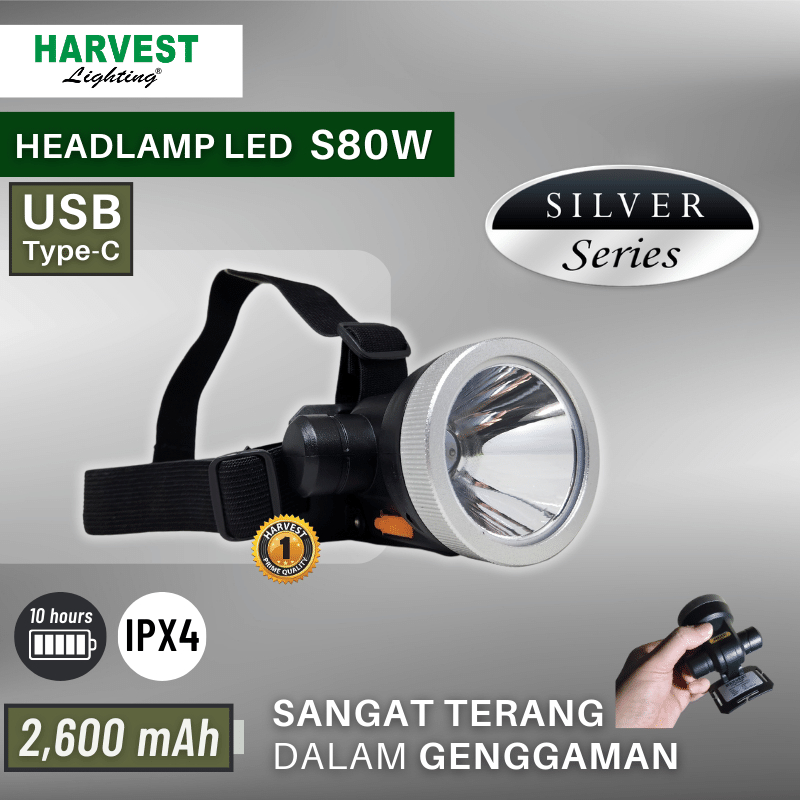 S80W Paket isi 4 - Headlamp HARVEST LIGHTING Senter Kepala LED Silver IPX4 2600mAh Lampu Emergency Travel  Hunting Berburu Rechargeable Original Bergaransi