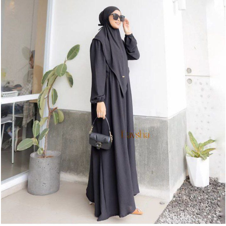 Madina Setelan Gamis Bergo Syar'i Crinkle Airflow Premium Set Abaya Bergo Lengan Panjang Kancing Busui Baju Muslim Kekinian LD 110 cm