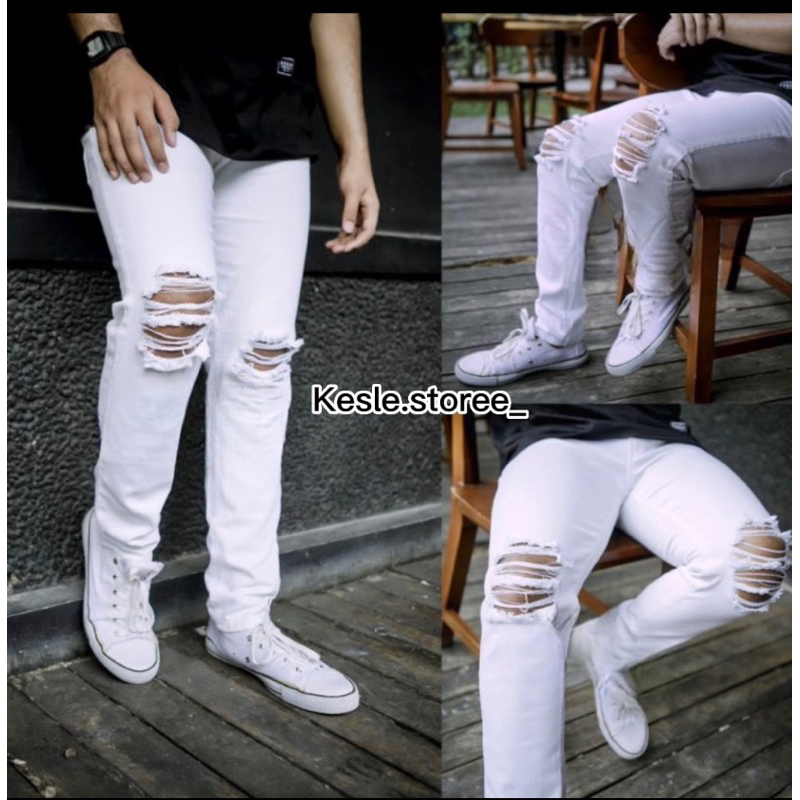 CELANA PANJANG JEANS SOBEK PRIA RIPPED KEKINIAN PUTIH HITAM SNOW