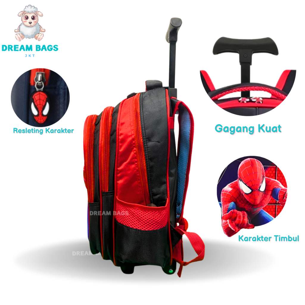 Tas Troli Anak Laki Laki Sekolah SD Import Dream Bags Tas Koper Anak - Trolley Anak - Tas Dorong Anak - Karakter Spider